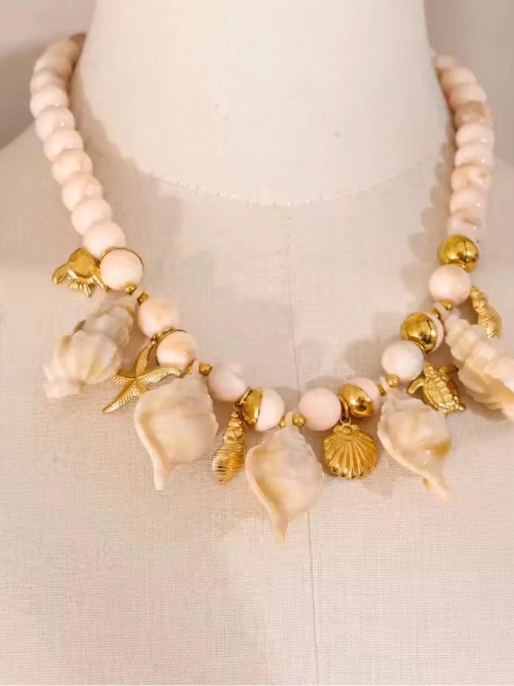 Couture Gold Cream Shell Charm Beaded Necklace